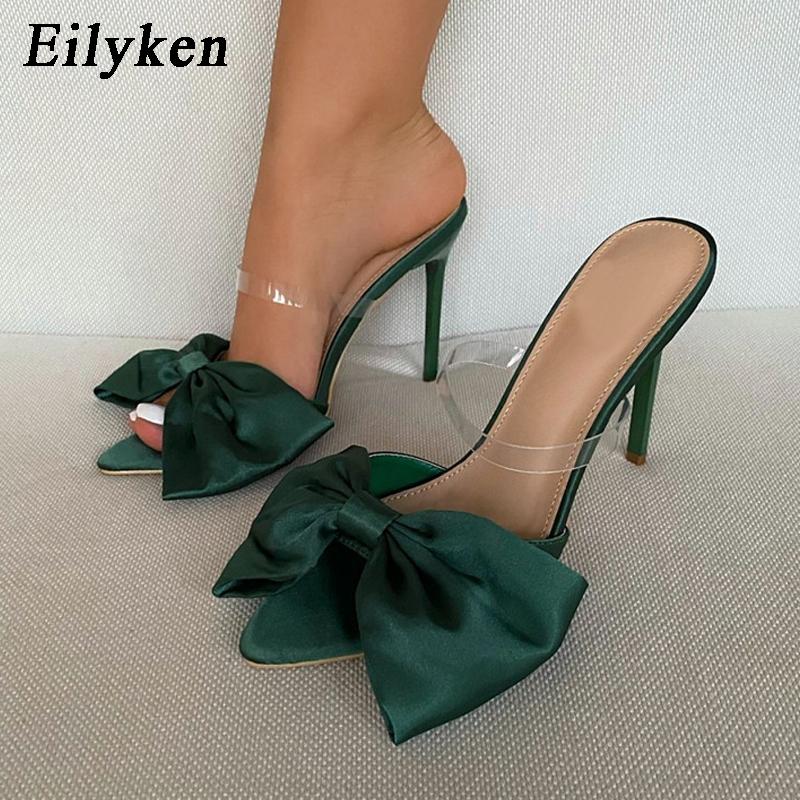 Fashion Eilyken Silk Butterfly-knot Slippers Women Sandals Pointed toe High Heels Mule Slides Party Shoes Zapatillas De Mujer
