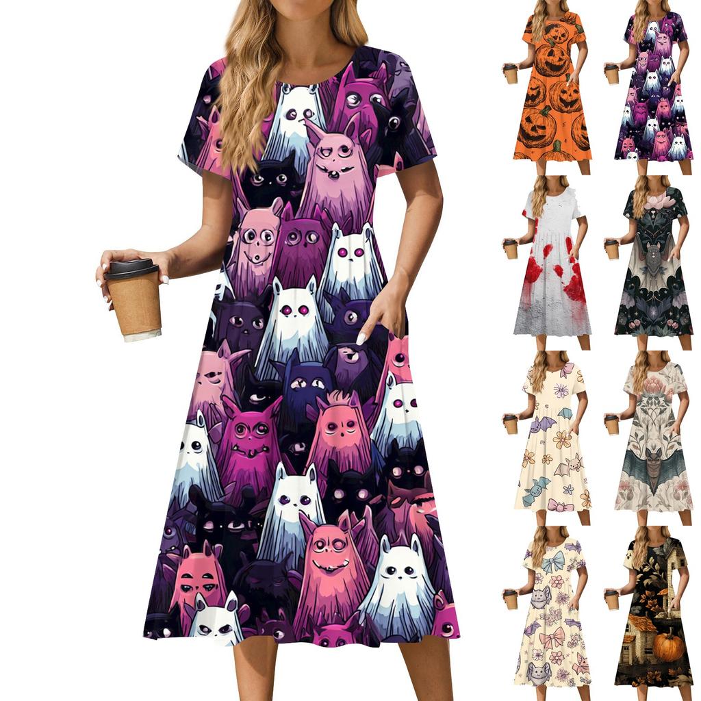 Women's Casual Fashion Halloween Printed Short Sleeve Round Neck Dress