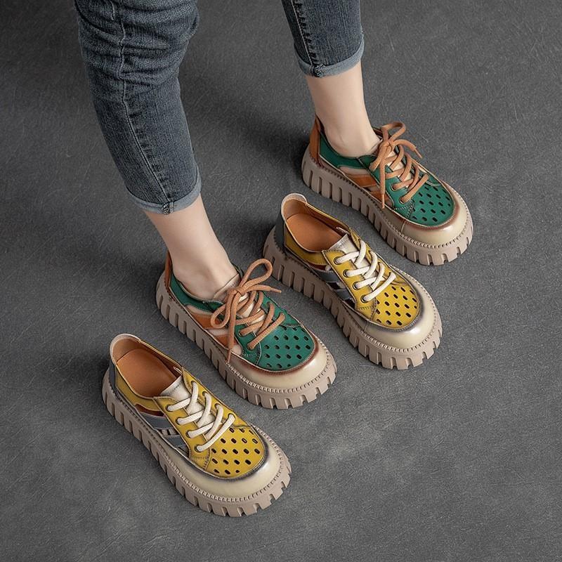 Thick Sole Mixed Colors Genuine Leather Retro Sandals Roman Style Lace-up Women's Flat Platform Shoes