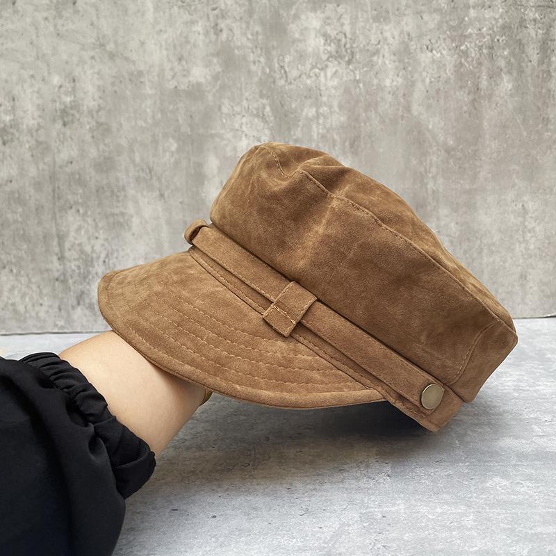 Trendy Temperament Painter Hat Brown Suede Soft Edge Flat Top Newsboy Hat Female Retro British Star Anise