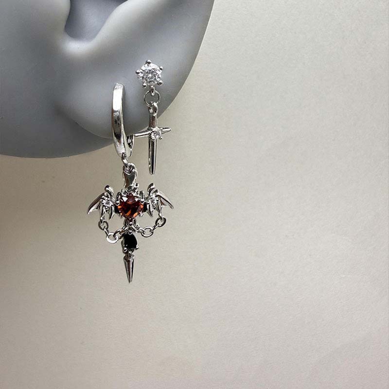 Punk Red Zircon Heart Wings Drop Earrings for Women Men Sweet Cool Metal Crystal Cross Piercing Earrings Y2K Jewelry Accessories