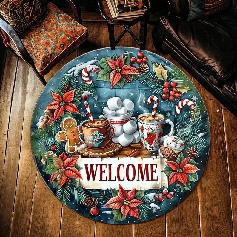 Santa Claus Sled Round Door Mat Carpet Christmas Tree Rug Snowman Round Carpet Bedroom Mat Festival Home Decoration Floor Mat