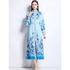 Spring Autumn Women Vintage Print Runway Dresses Full Sleeve Single Breasted Long Maxi Party Dress with Belt