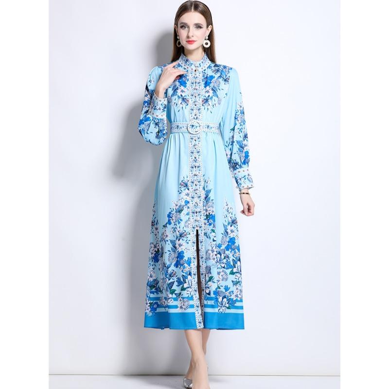 Spring Autumn Women Vintage Print Runway Dresses Full Sleeve Single Breasted Long Maxi Party Dress with Belt