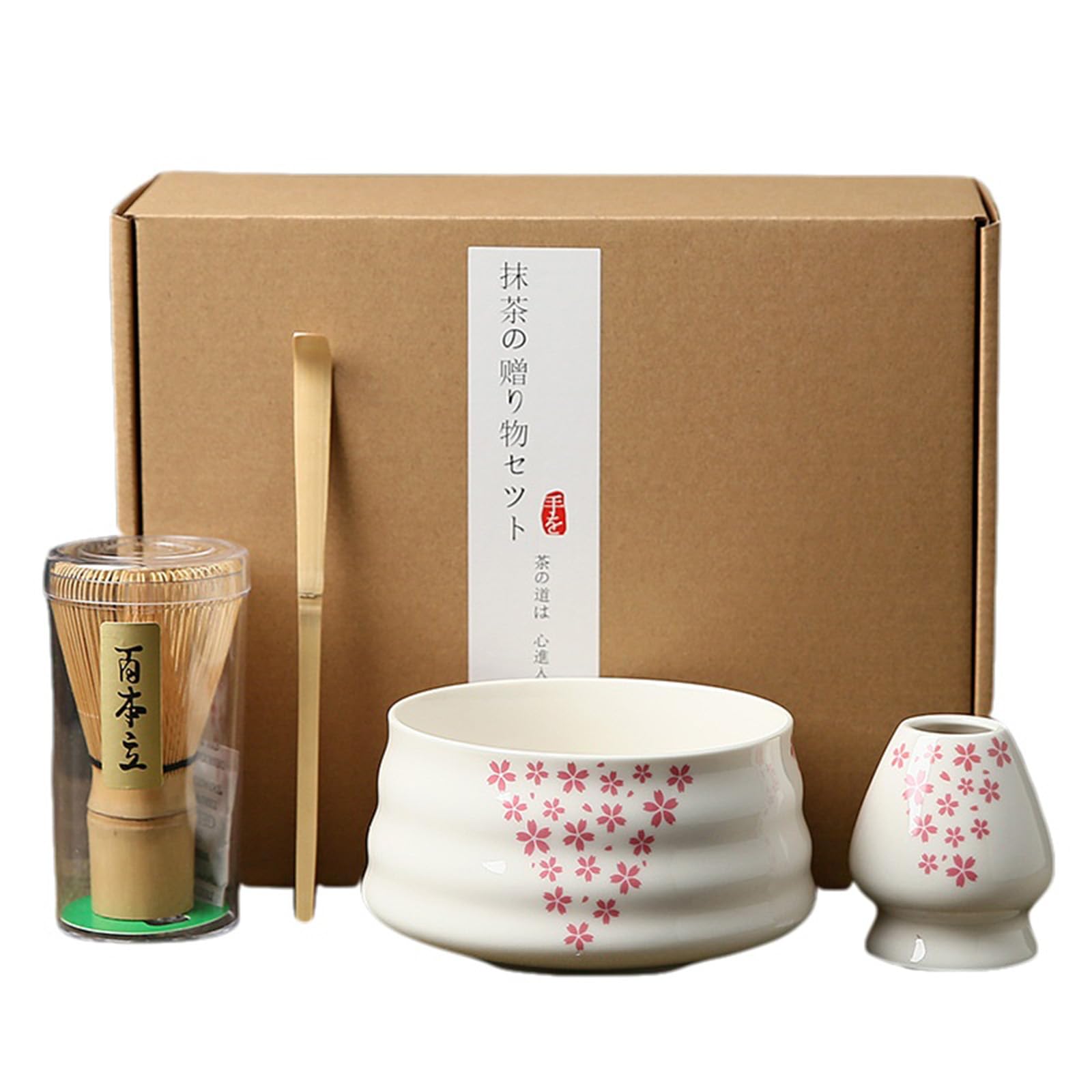 

Matcha Utensil Set for Beginners Chasen Chasen Holder Cherry Blossom Design 4-Piece [Matcha Bowl, (100-Stage), Chashaku, (Re-Bent/Chasen Rest)]