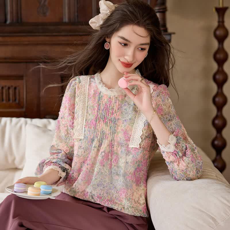 Bailuyu Floral Patchwork Lace Long Sleeve Blouse L