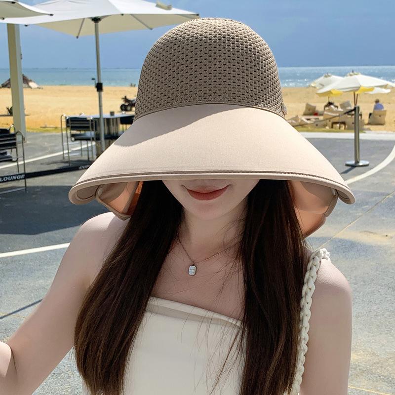 Summer New Hat Women's High-end Sense Diamond-encrusted Letter Mark Sun Protection Sun Hat Empty Top Bow Neck Protection Shawl Hat