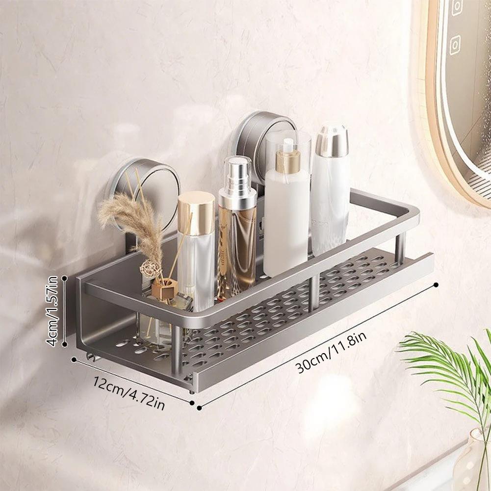 

1 Pack Wall Mounted Aluminum Bathroom Shelves with Suction Cups No Drilling Shower Organizer with Hooks for Bathroom and Kitchen