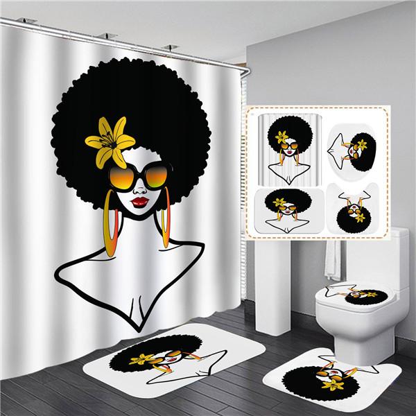 4PCS Full Set Bathroom Curtain Set Elegant African Black Woman Shower Curtain Hooks Modern Bath Mat Toilet Lid Cover Anti-slip Bath Mats