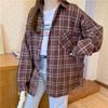 Frauen Hemd Plaid Übergroßen Braun Top Drehen-unten Kragen Freizeit Mode Lose Alle-spiel Lange Ärmel Weiche Chic koreanische Top