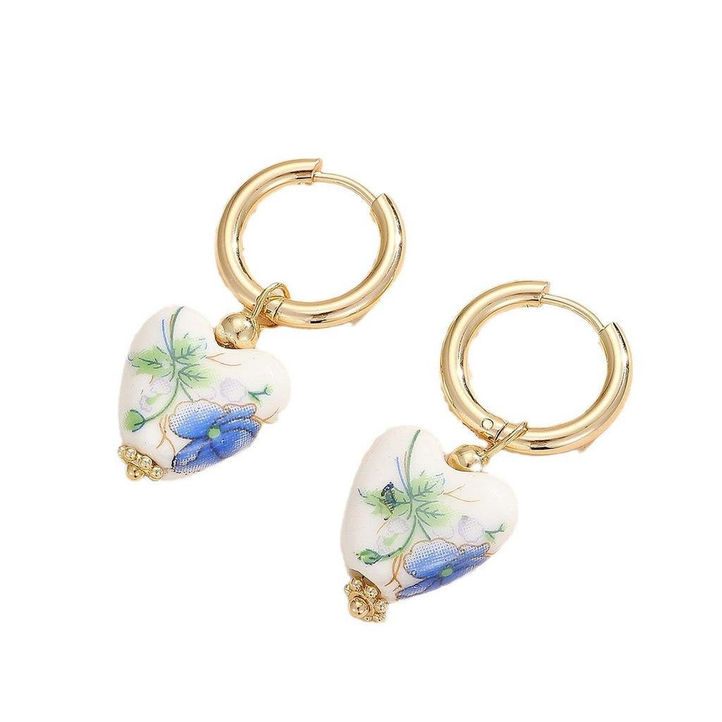 Náušnice ve tvaru srdce ve stylu modrobílého porcelánu - Nerezové keramické náušnice