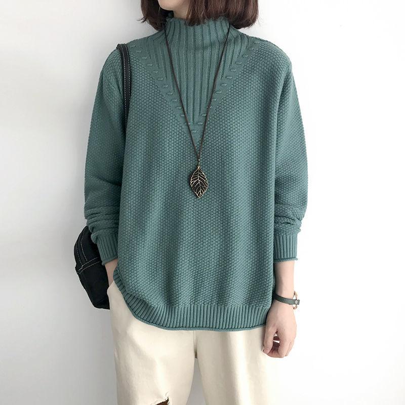 

Повседневный теплый базовый свитер с высоким воротом для женщин, зимние новые винтажные свободные пуловеры с длинным рукавом, вязаные свитера для женщин, элегантные однотонные трикотажные джемперы 25451 One Size зелёный