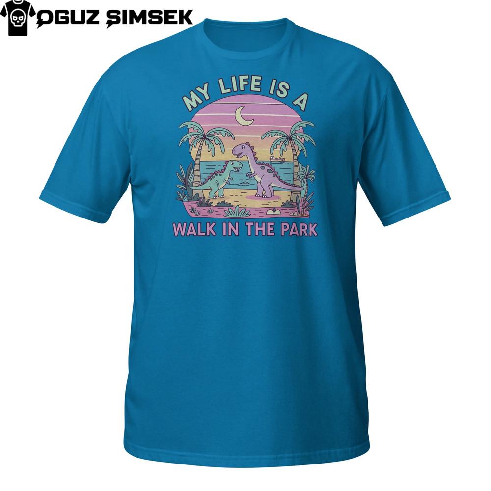 Funny Dinosaur T-Shirt – ''My Life Is A Walk In The Park'' Pastel Sunset Design