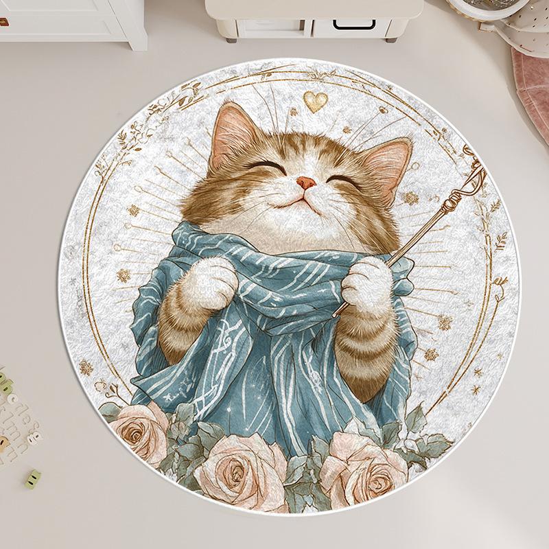 Round Carpet Bedroom Stain-resistant Cartoon Cat Bedside Children's Rug Floor Mat Living Room Washable Thickened Coffee Table Mat