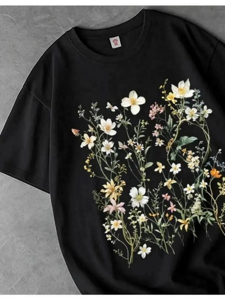 Long Oversized T-Shirt with Flowers Print