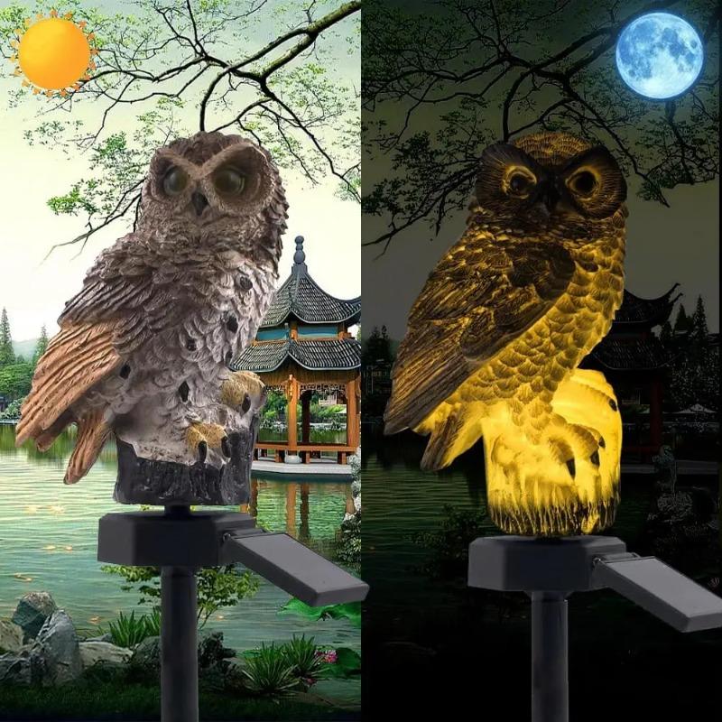 Solar Powered Owl Statue Light Outdoor Waterproof Light for Night Garden Hallowmas Lawn Patio Yard Pathway Fence Party Decor Lighting, with Stake