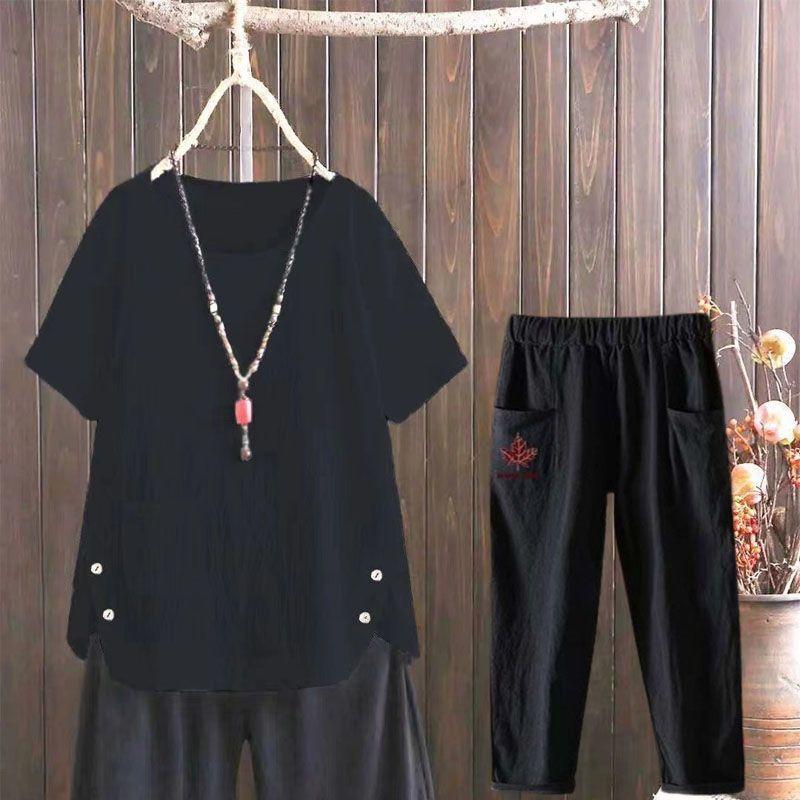 2pcs Cotton Linen Pants Suits Summer Women's Round Neck Cotton Linen Blouse Elastic Waist Cotton Linen Harem Pants Two-Piece Set Casual  Outfits