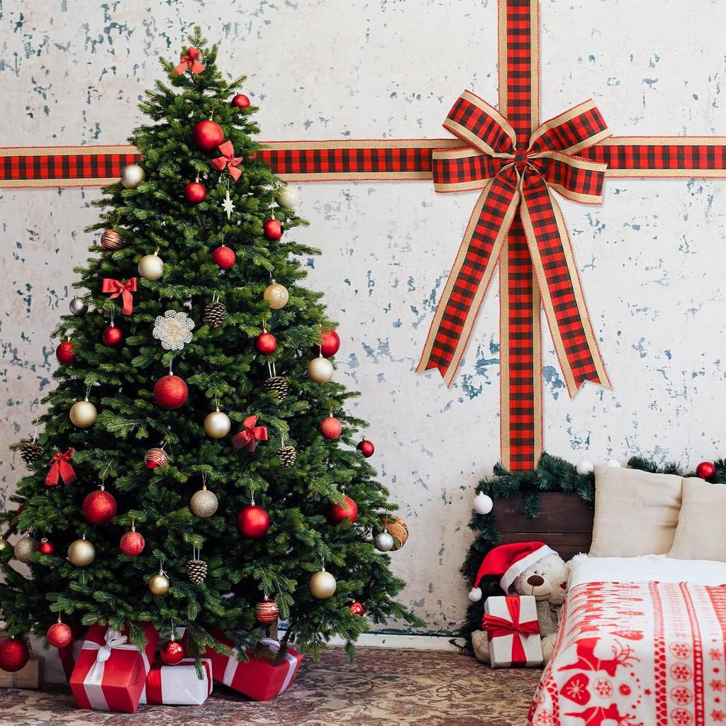 Red Christmas Door Decoration Ribbon Large Buffalo Plaid Bow Door Lace Outdoor Garden Front Door Decors Cabinet Door Ornament