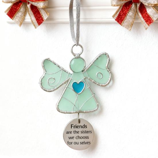 Weihnachtsanhänger Engel Ornament mit Glasmosaikherz Gravierter Freundschaftsvers Hängende Dekoration