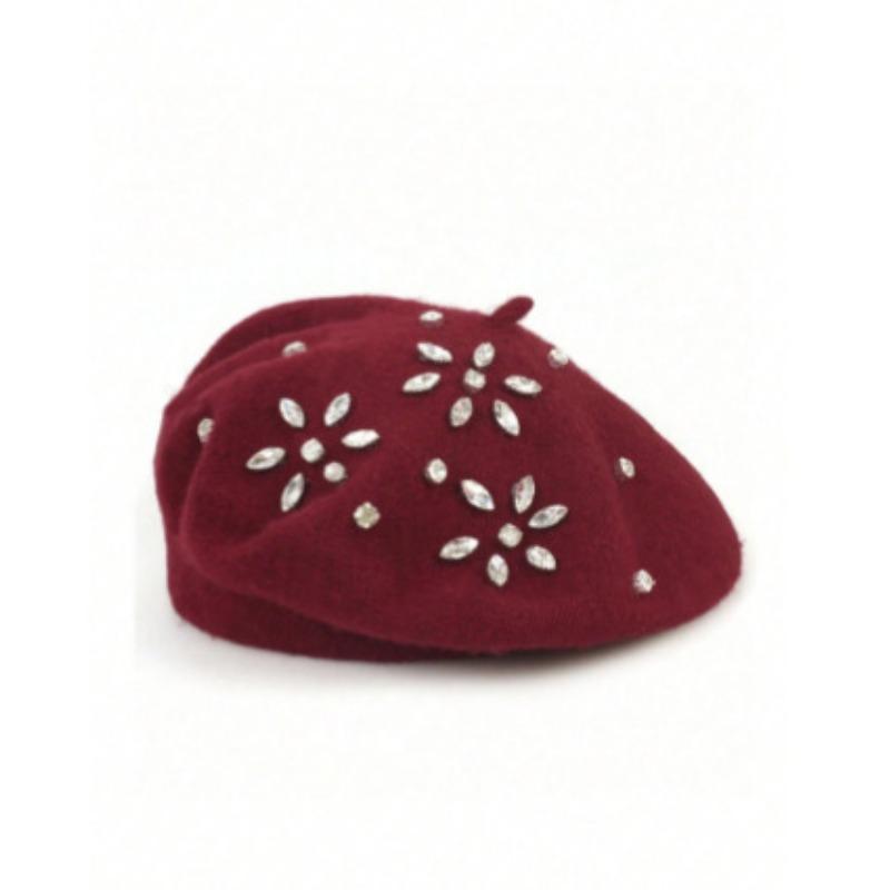 Vintage Wool Beret Flower Rhinestone Decor Women Autumn Winter Hat Multi Color