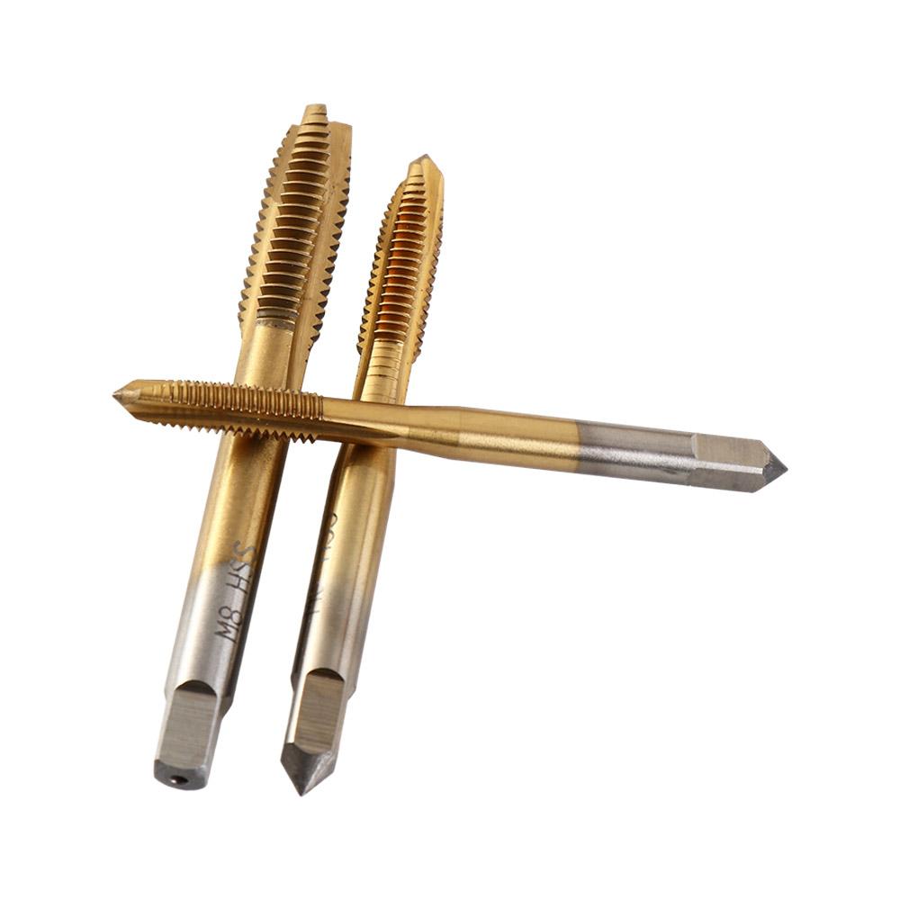5PCS Titanium Coating Screw Tap Straight Flute Metric Machine Screw Threaded Tap Spiral Point HSS Tap Drill Set Hand Tools