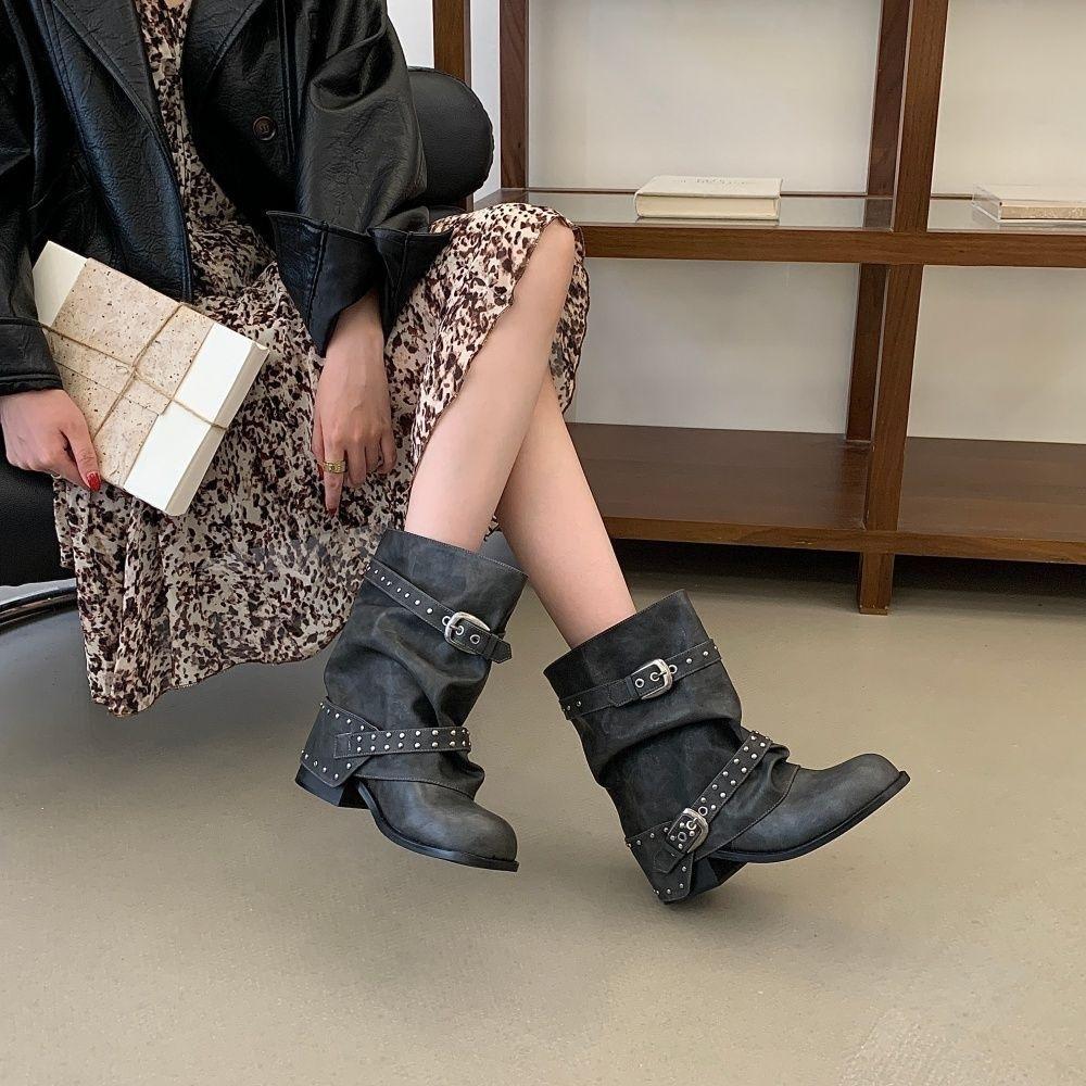 Pants Skinny Knight Boots Locomotive Medium Tube Fashion Spring and Autumn Short Boots Women's Boots New Belt Buckle Rivets