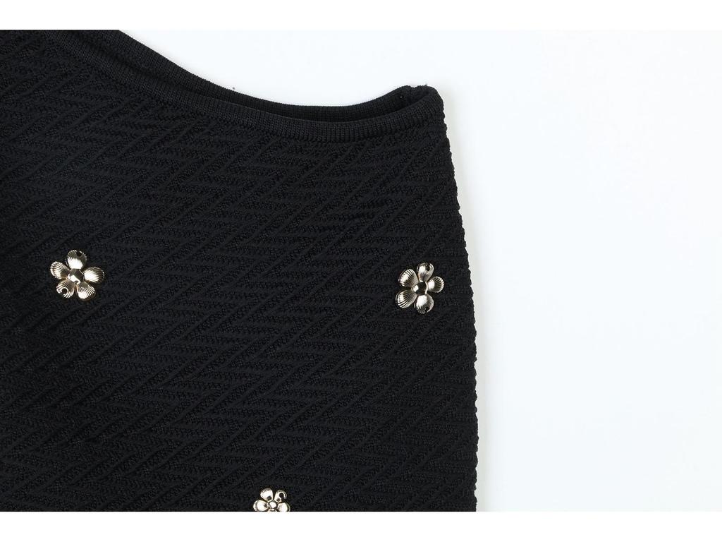 S Family Spring/Summer Sequin Buckle One-Shoulder Knitted Camisole & Black Midi Skirt Set for Women