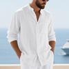 Men Stand Collar Linen Long Sleeve Shirt Single Pocket Roll Tab Cuff Casual Beach Top