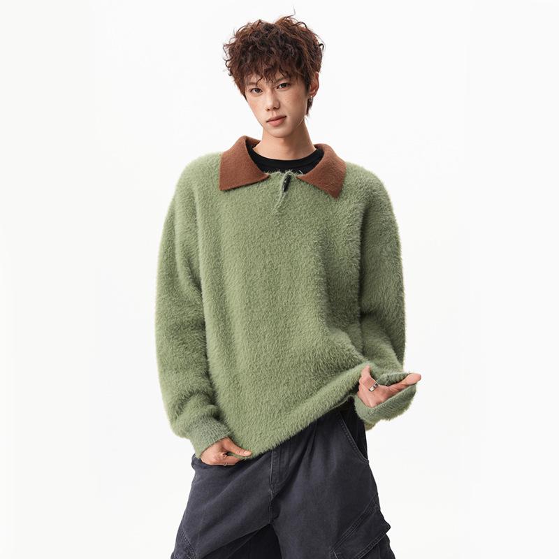 Men s 2025 Winter Japanese Style Color Block Knit Polo Sweater L зелёный