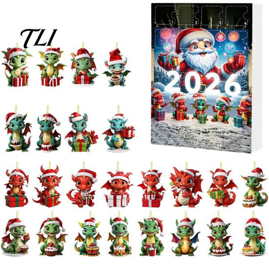 Adornos Colgantes Navideños Calendarios de Adviento de Dragón 2026, Calendario de Cuenta Regresiva de Navidad de 24 Días con Colección de Adornos, Adornos Acrílicos 2D,