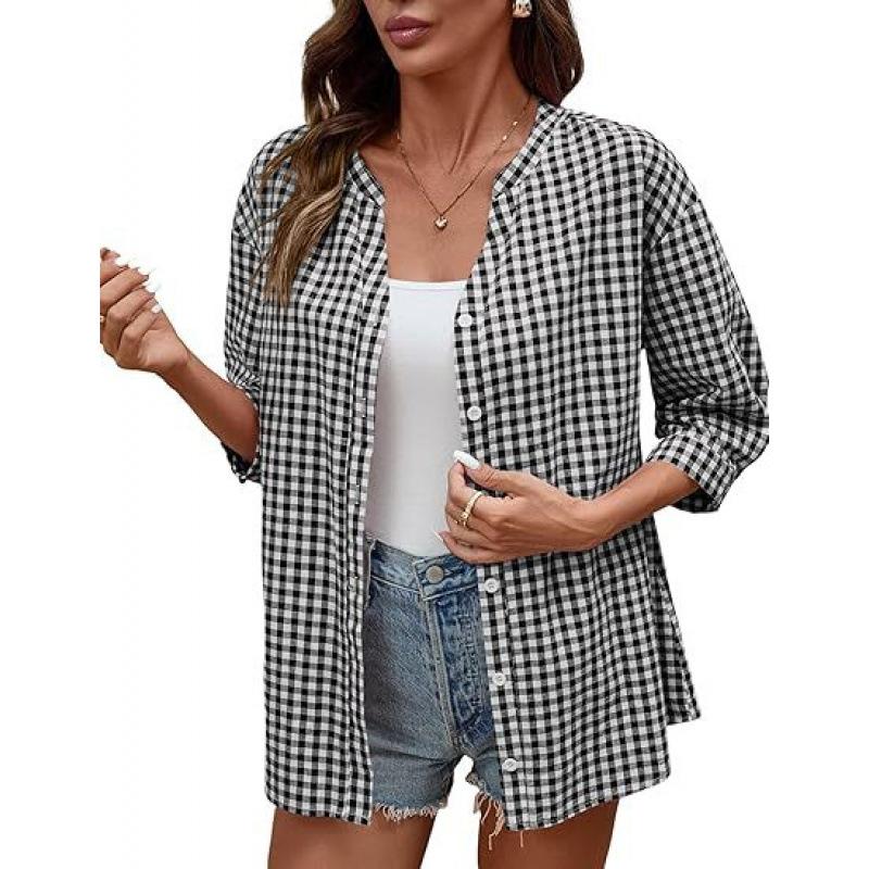 Women Loose Plaid Button Casual Shirt Top S чёрный