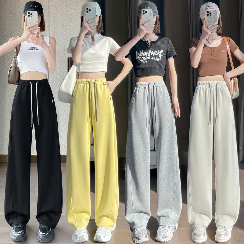 Spring Autumn Solid Elastic Waist Wide Leg Pants Women Loose Casual Drawstring All-match Sweatpants Trousers