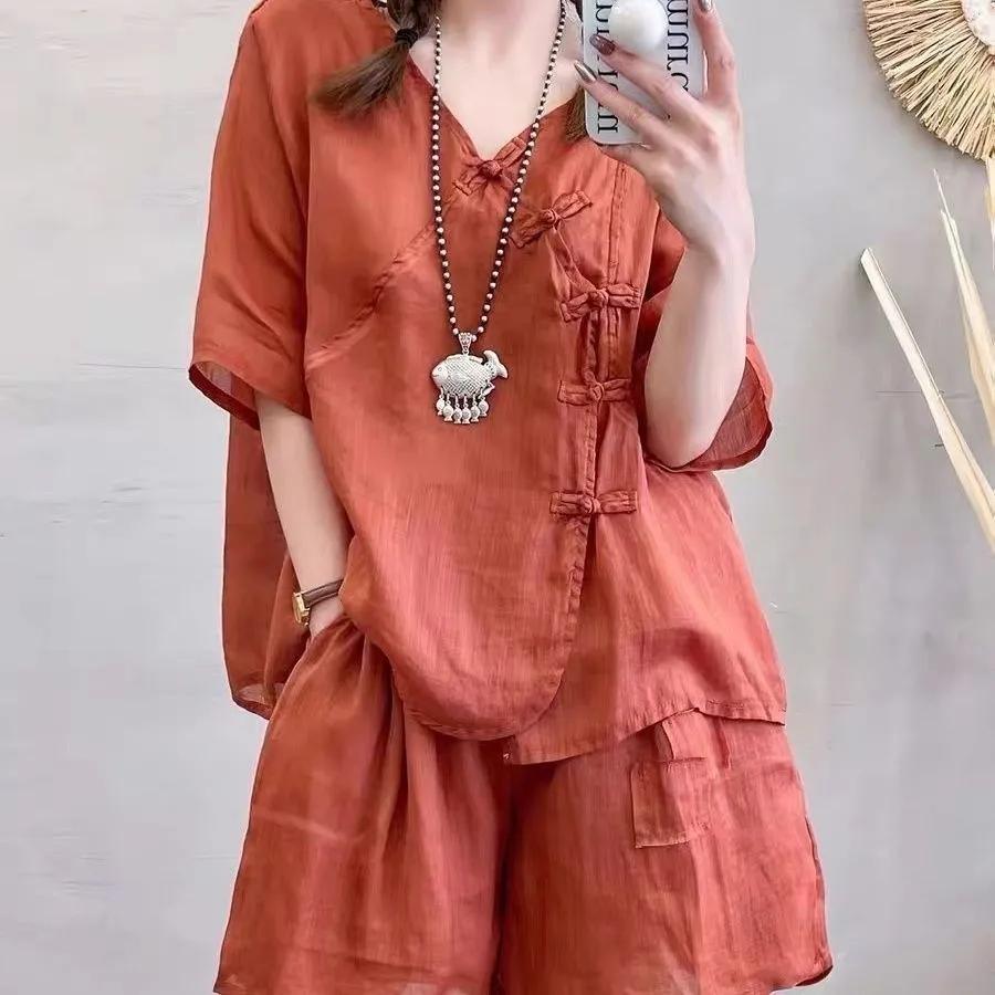 Women's Summer Set: Cotton-Linen Short-Sleeve Top + Shorts, Loose-Fitting Casual Two-Piece Set