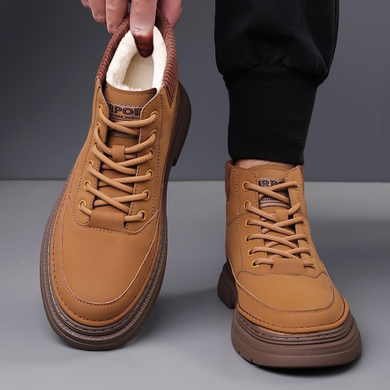 Fashion Designer Leather Velvet Warm Platform Boots for Men Autumn Winter Soft-soled Men's Cotton Shoes Fashion Yellow Ankle Boots Male
