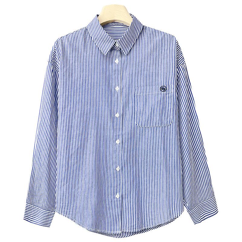 Damblårandig långärmad bomullsskjorta - Vår/Höst 2025 Enkel pendlarstil