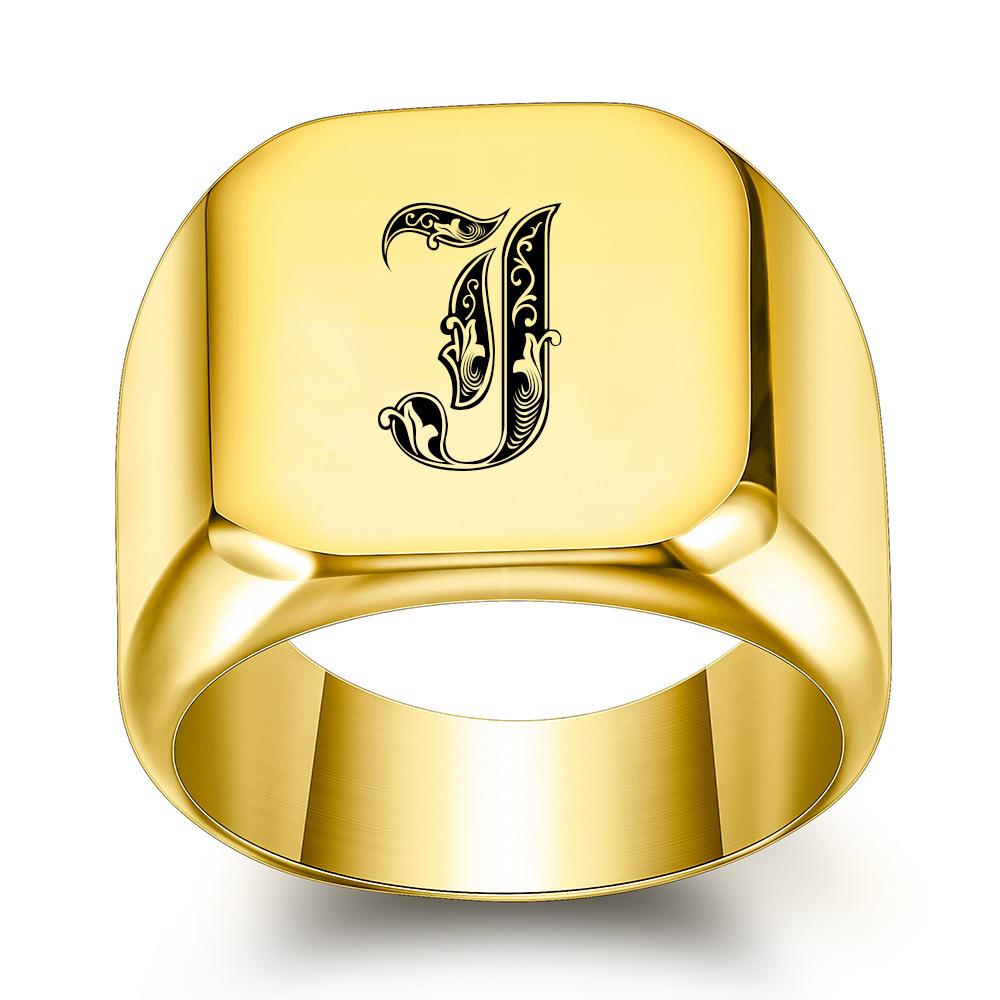 Europe, America 26 personalized English initials titanium steel ring male retro punk square 14MM gold trendy male wholesale