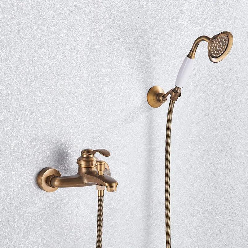 Grifo de Ducha de Latón Antiguo para Baño Grifo de Bañera Grifo Mezclador Juego de Alcachofa de Mano de ABS Grifos de Válvula de Control de Ducha de Montaje en Pared Negro