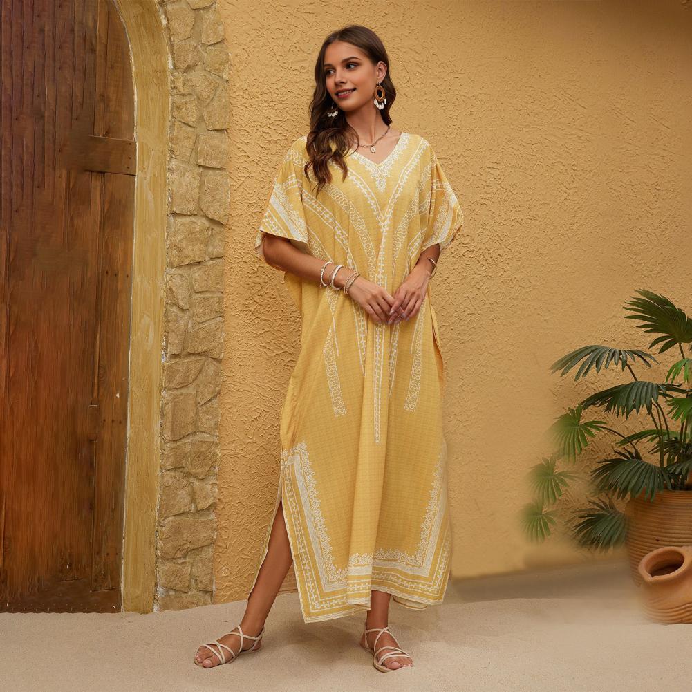 Bikini Cover Up Dress V-Neck Short Sleeve Loose Fit Robe Beach Sun Top Ethnic Style Pattern Side Slit Long Beach Dress