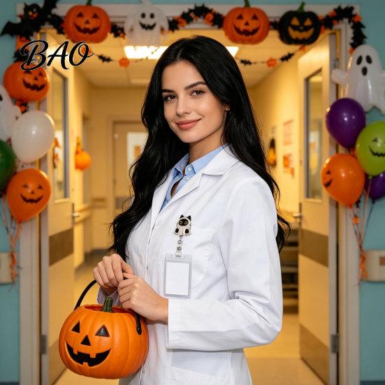 Cute Black Cat Id Card Reel Halloween Pumpkin Badge Reel, Retractable with 360 Degree Rotating Clip, Work for Nurses Acrylic Decorative ID Holder And