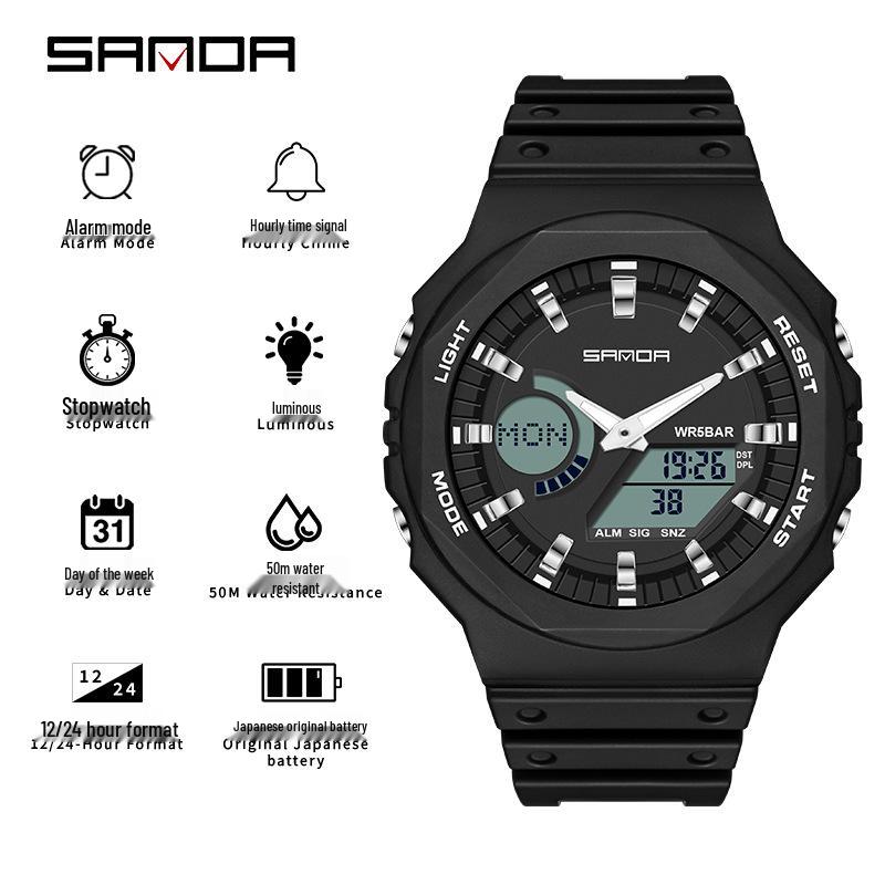 Sanda Trendy Waterproof Multifunctional Student Sports Watch with Synchronised Two-Hand Movement