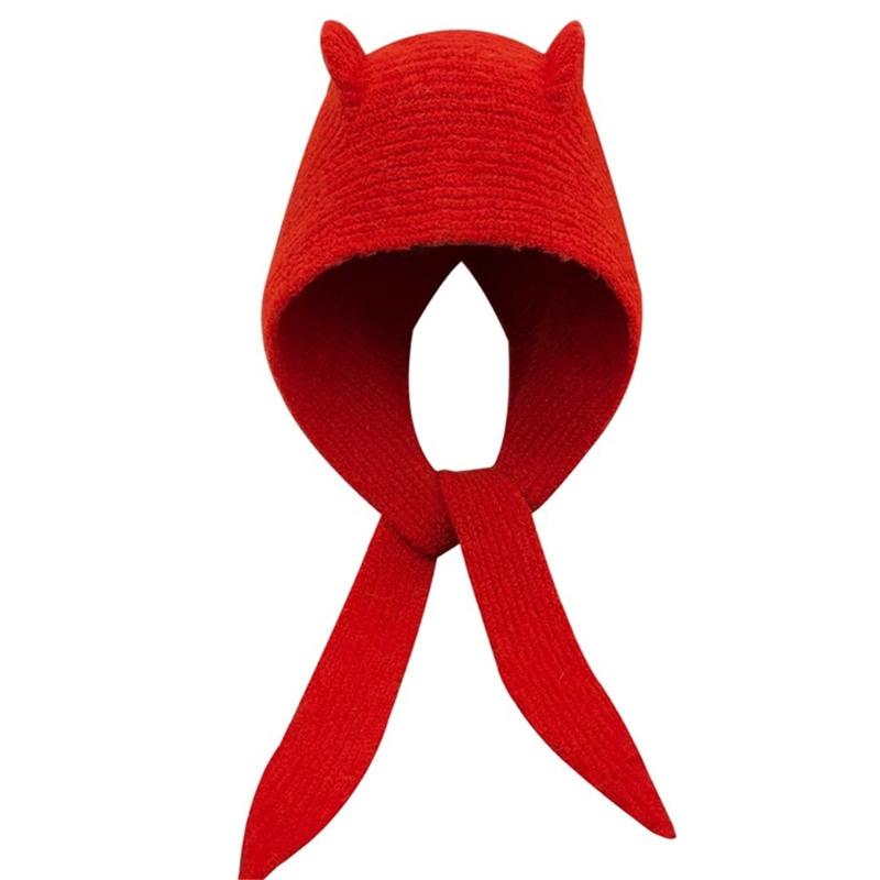 Lovely Devil Ear Knit Hat With Neck Wrap Breathable Pullover Hat For Women Daily Outfit and Outdoor Cycling Walking