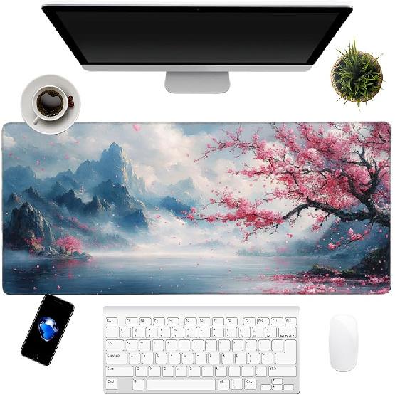 Japanese Cherry Blossoms Art Mouse Pad 31.5"x12" Large - Japanese Traditional Design Water-Resistant Surface Desk Mat with Non-Skid Base for