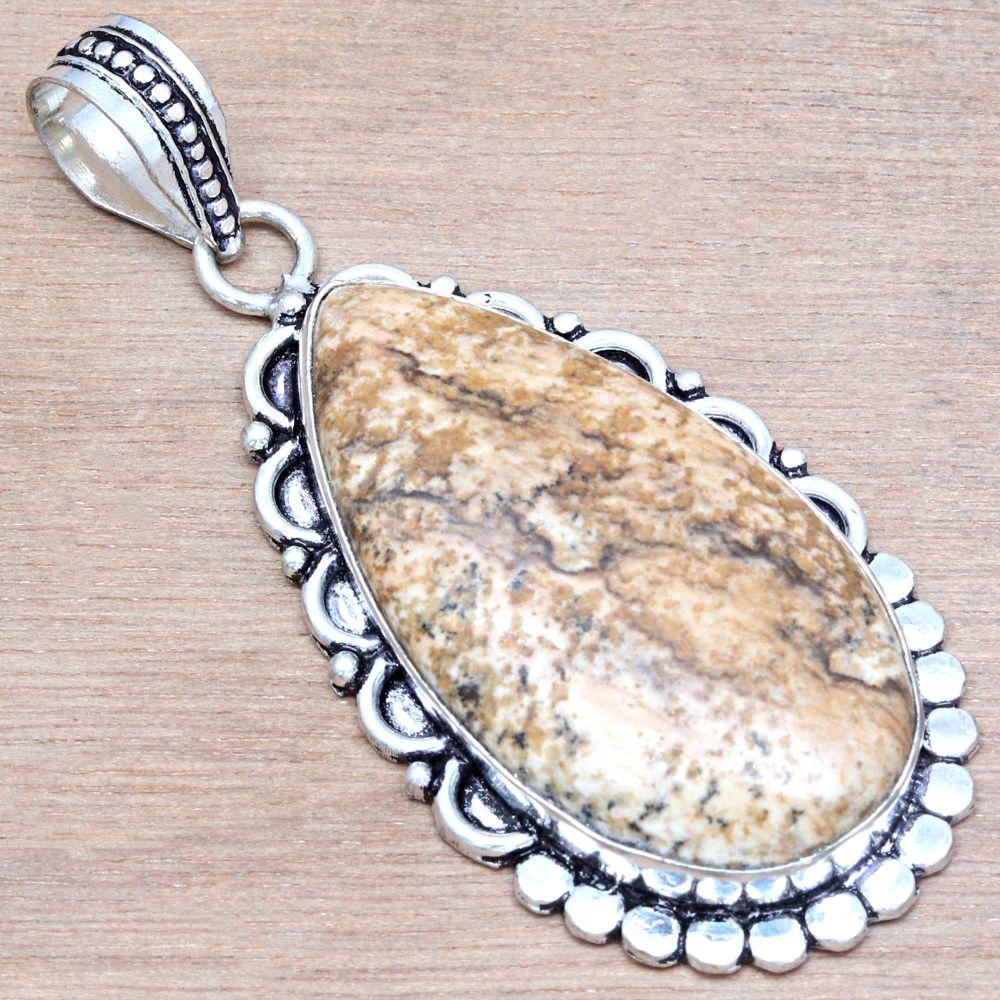 Pendentif Jaspe Image Pierre Précieuse Fait Main Fête des Mères Bijoux Argent 2,5"