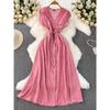Summer Women Polka Dot Long Dress Vintage V-Neck Flying Sleeve High Waist Single Breasted A-Line Casual Vestidos Female Robe New