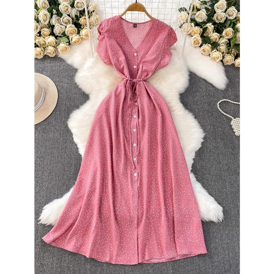 Summer Women Polka Dot Long Dress Vintage V-Neck Flying Sleeve High Waist Single Breasted A-Line Casual Vestidos Female Robe New