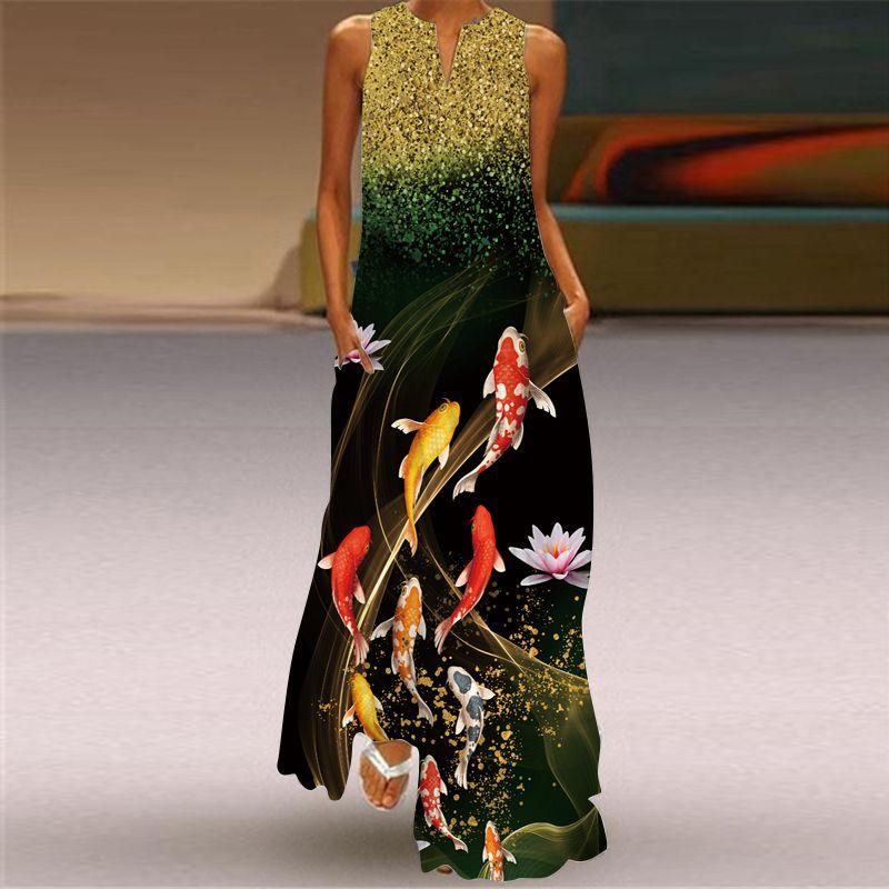 

Stylish Dress Sleeveless Slim Slim Looking Elegant V-neck Dress 3D Digital Print Stylish Versatile Skirt 284 XL