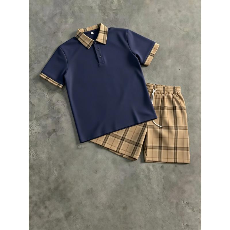 Men Casual Plaid Short Sleeve Polo Shirt And Shorts Outdoor Sports Set