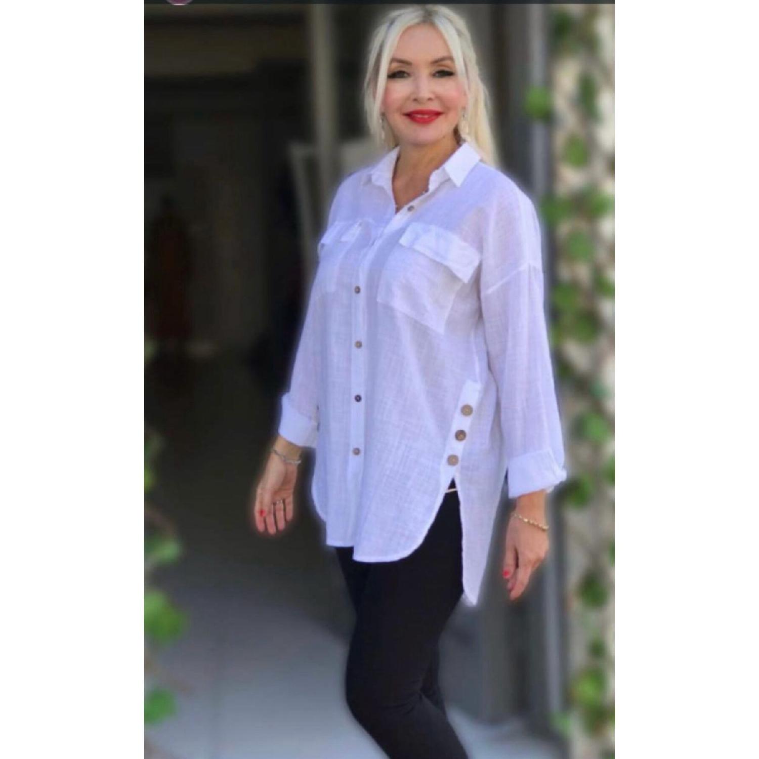 

Стильная и удобная блузка-туника на пуговицах с длинным рукавом и воротником-туникой Standart белый