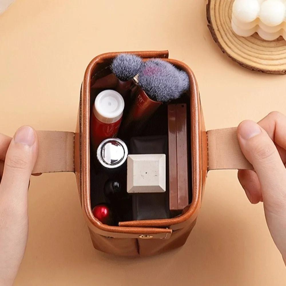 Fashion Vintage PU Leather Cosmetic Bag Solid Color Button Coin Purse Large Capacity Makeup Case