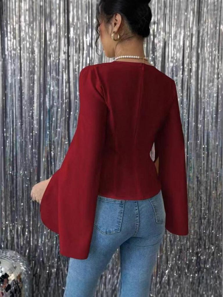 2025 Autumn Elegant Cross-Neck Long-Sleeve Pleated Top with Split Flare Sleeves.